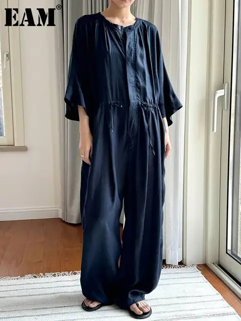 EAM Women Navy Blue Big Size Long Casual Jumpsuit New High Waist Pocket Stitch Pants Fashion Tide Spring Autumn 2026 1DH6019