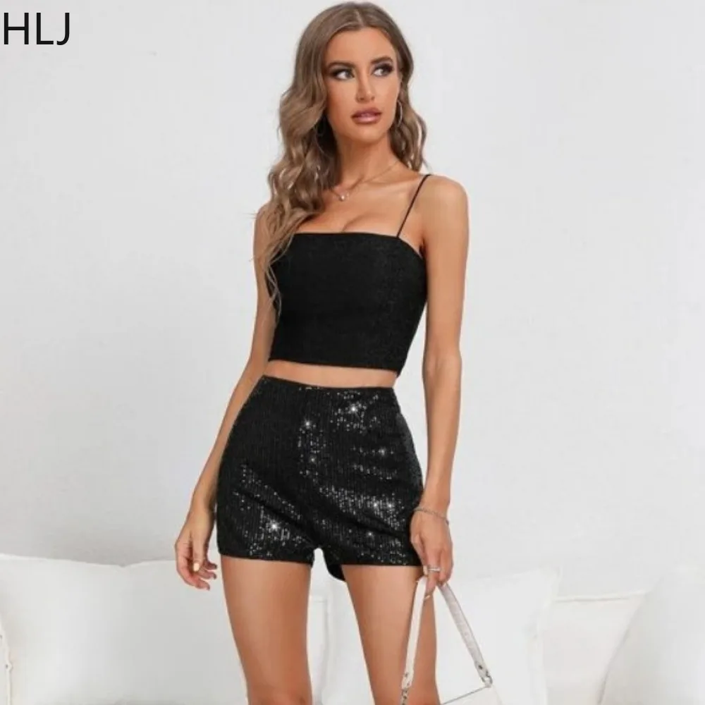 HLJ Black Fashion Sequin Straight Shorts Women High Waisted Slim Party Club Matching Bottoms Casual Female Solid Color Clothing