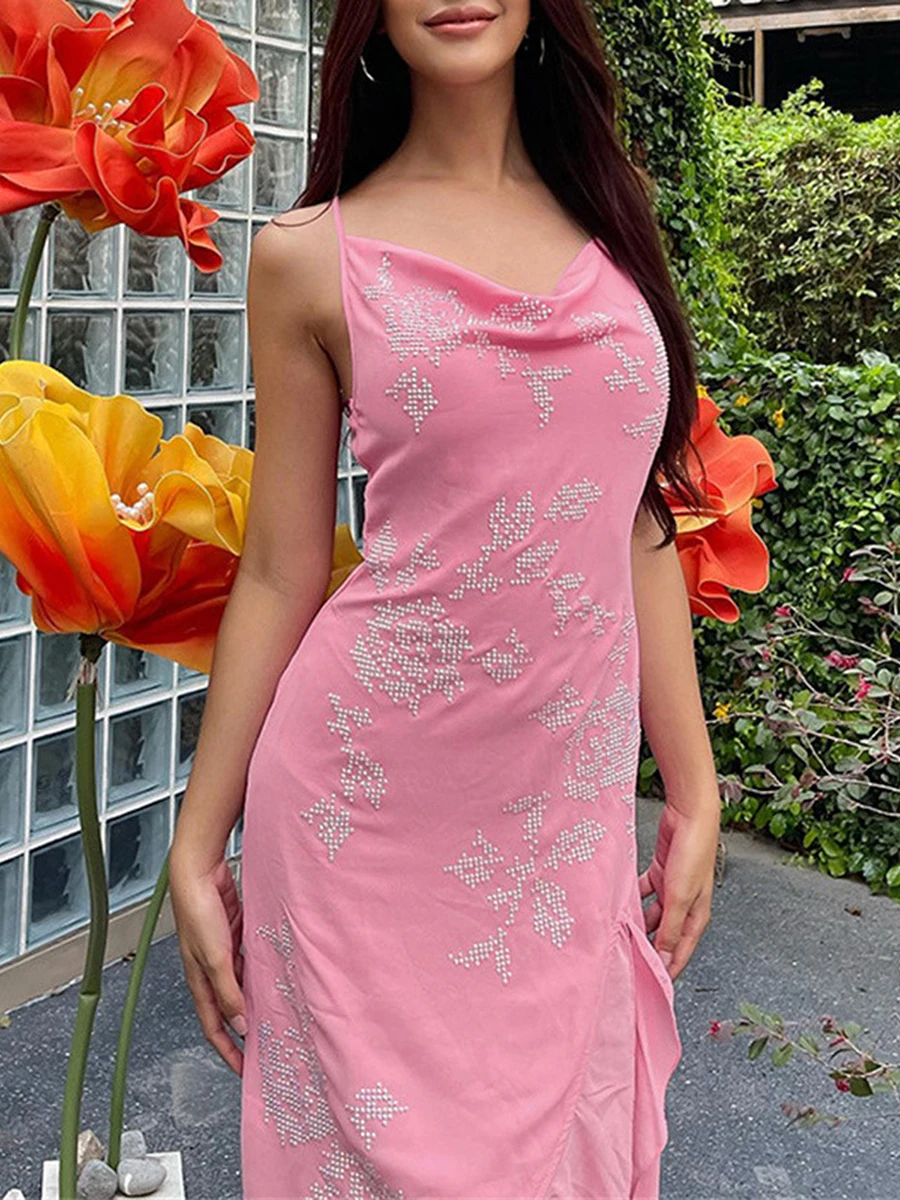 

Women Bodycon Dress Y2K Summer Rhinestone Sleeveless Dresses Sexy Spaghetti Strap Ruffle Hem Slip Sundress Beachwear Streetwear