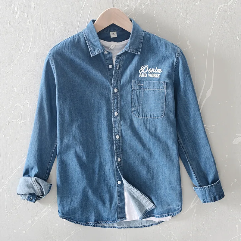 

Classic letter print men's denim jacket 2022 spring autumn new Korean loose casual denim shirts male brand 100% cotton jean tops