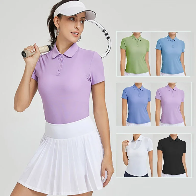 Women Tennis Short Sleeved T-shirt Spring/Summer Polo Collar Sweat-absorbing Tops Ladies Cooling Fitness Sports Shirt Yoga