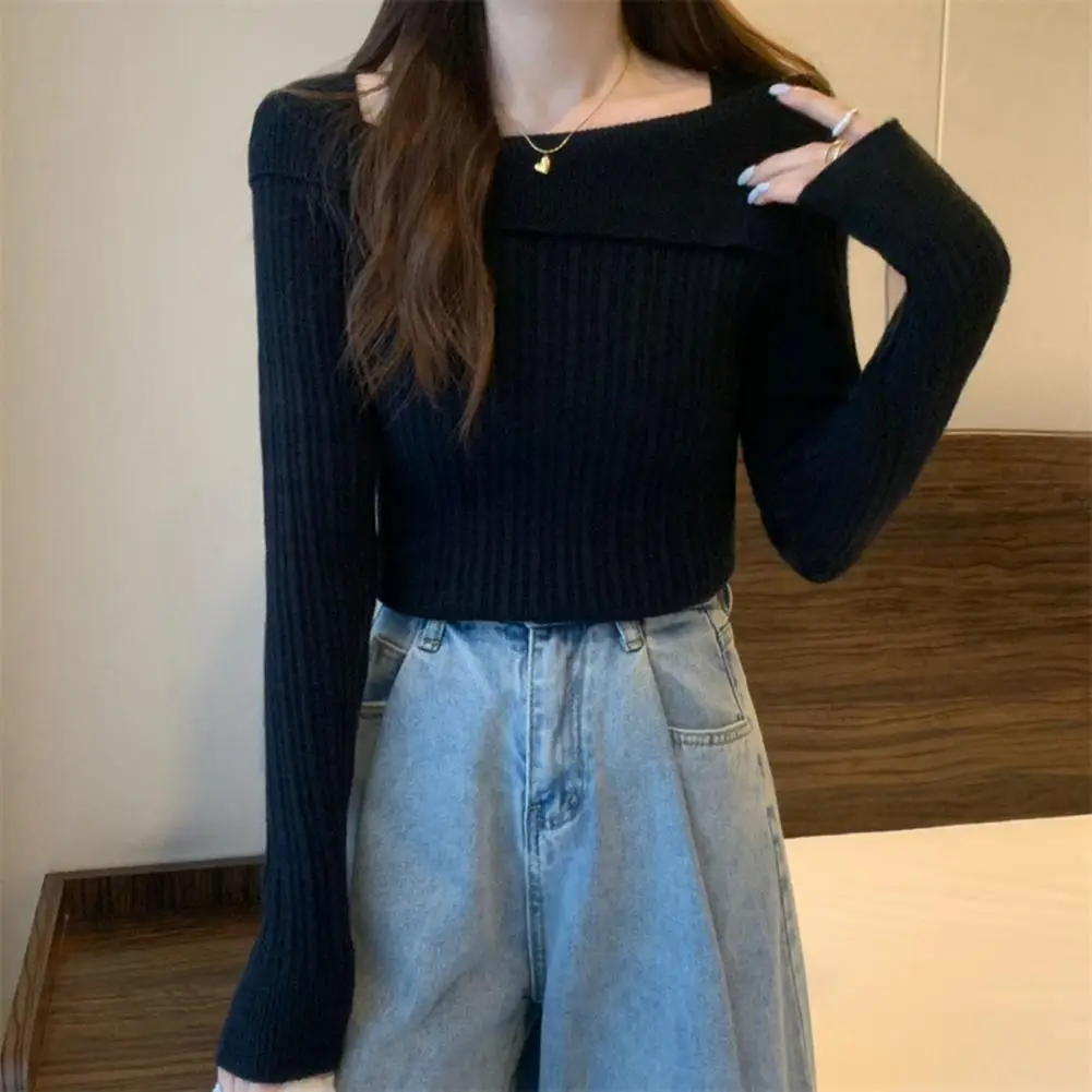 

Soft Stretchy T-shirt Stylish Irregular Boat Neck Knitted Pullover Sweater for Women Soft Warm Long Sleeve Slim Fit Blouse Fall