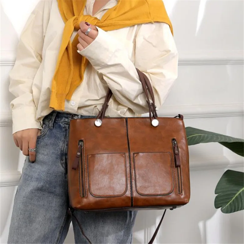 Europe America Retro Leather Handbag Shoulder Bag, Two Pocket Zipper Tote Bag, Classic Crossbody Bags for Women Work Business