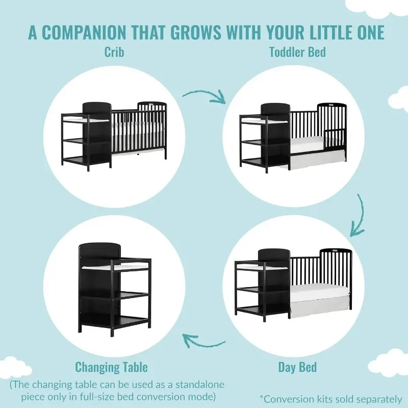 3-in-1 Full-Size Crib and Changing Table Combo in Black,Non-Toxic Finishes, 4