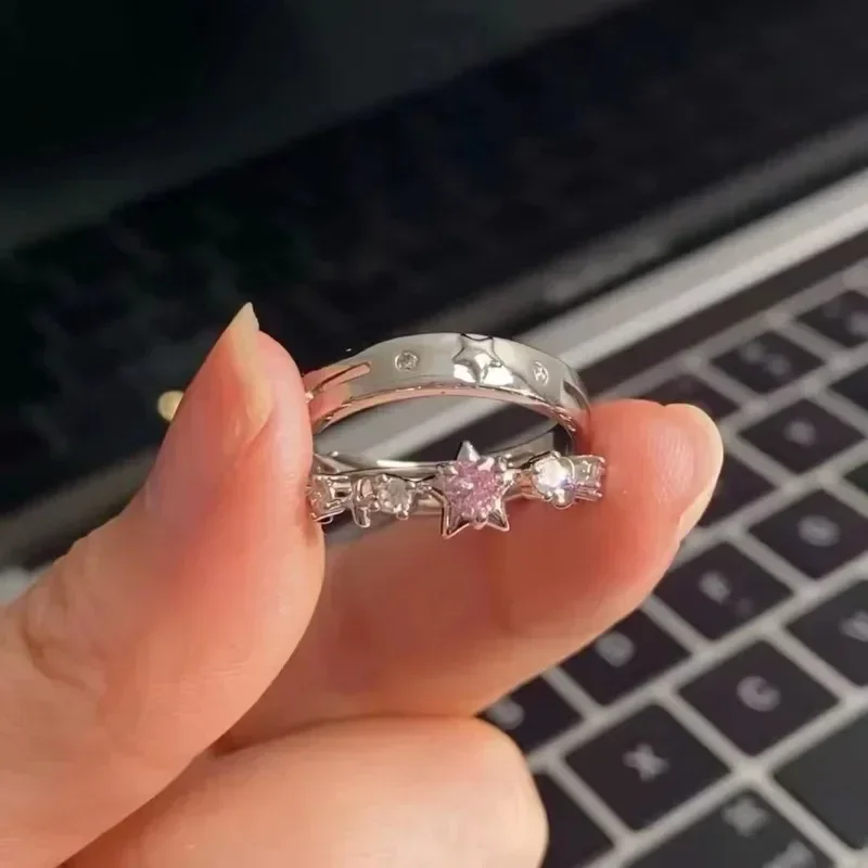 Y2K Style Sparkling Pink Zircon Bride Rings for Women Couples Korean Trendy Heart Star Geometric Wedding Earring Party Jewelry 2