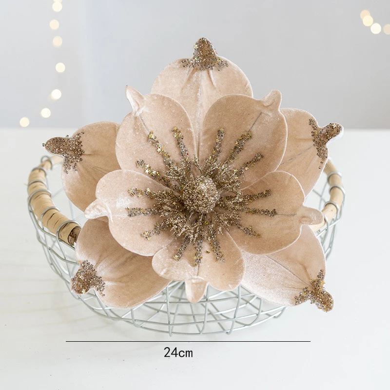 thumbnail image 1 of Glitter Artificial Christmas Flower 24cm Red Green Gold Xmas Tree Decors High Quality Velvet Cloth Fake Large Flower Head 1PCs, 1 of 5