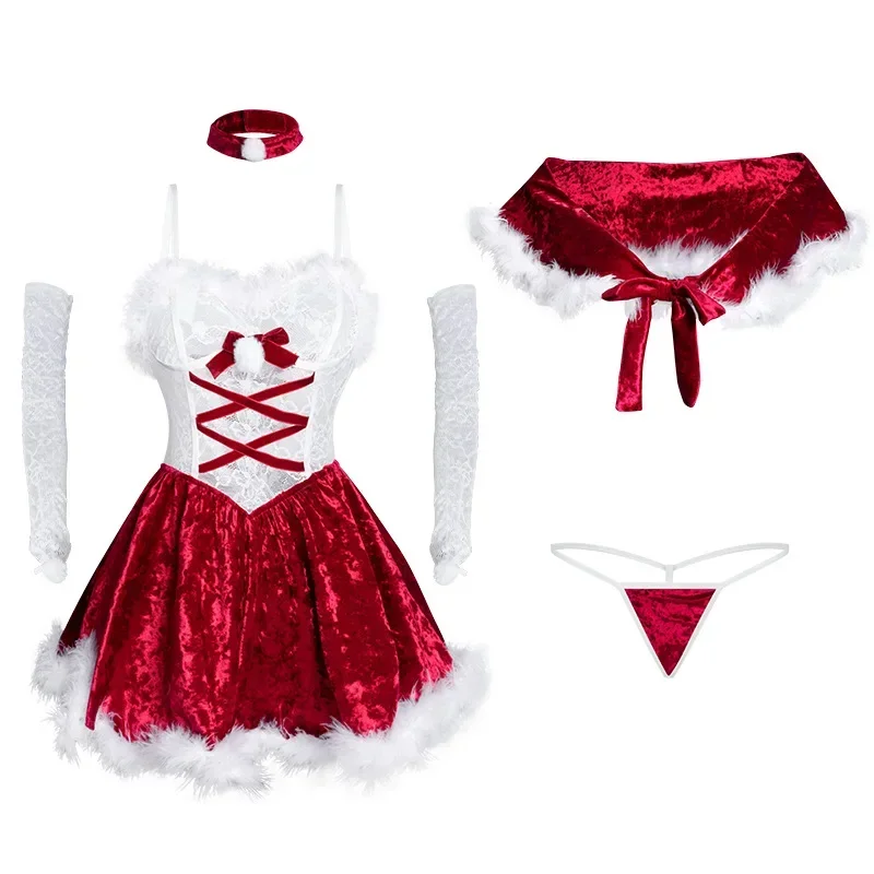 New Christmas Party Evening Lace Red Velvet Dress Outfits Cosplay Women Xmas Santa Claus Uniform Costume New Year Nightdress