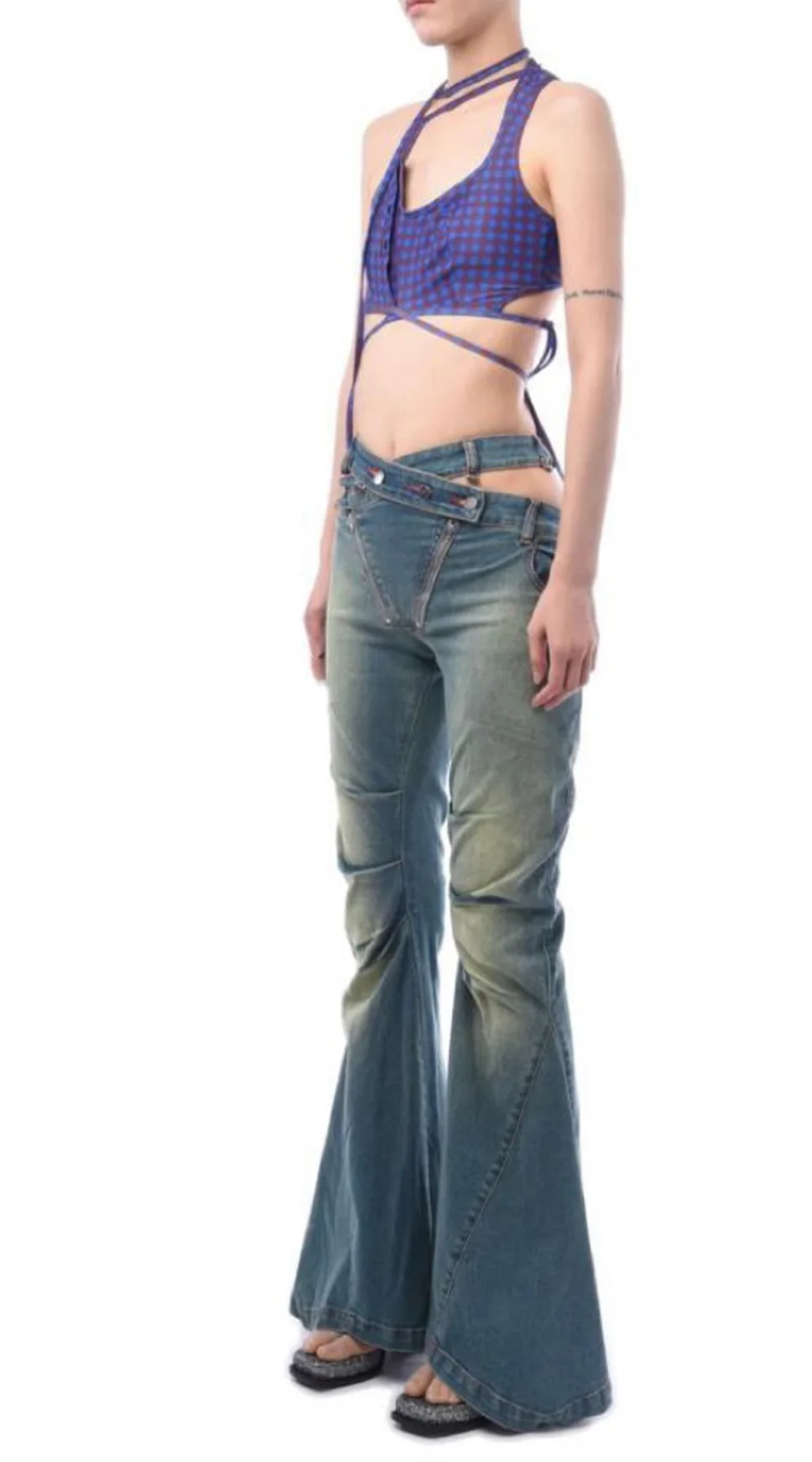 Women's Gothic Style Denim Pants, Hollowed Out High Waisted Spiral Placket Jeans, Big Flared Trousers
