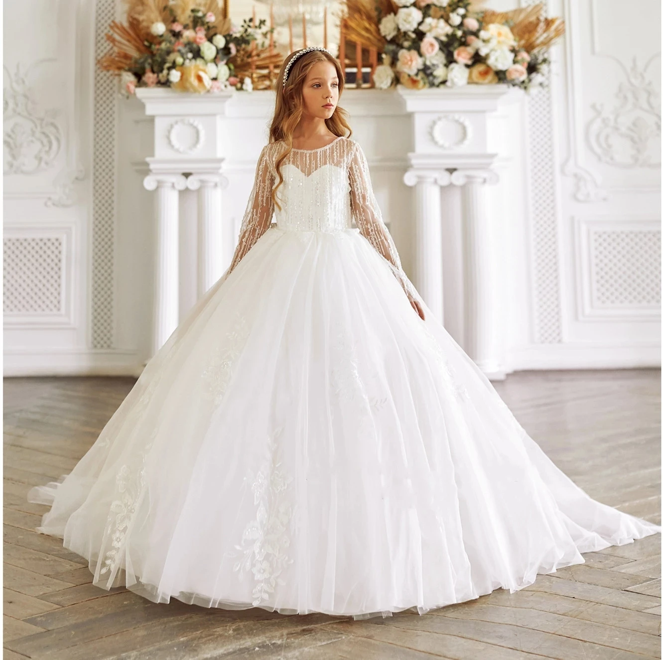 

Белое кружевное платье с длинным рукавом и цветочным принтом для девочек, свадебные платья принцессы для первого причастия, вечеринки, дня рождения, конкурса, бальные платья для выпускного вечера