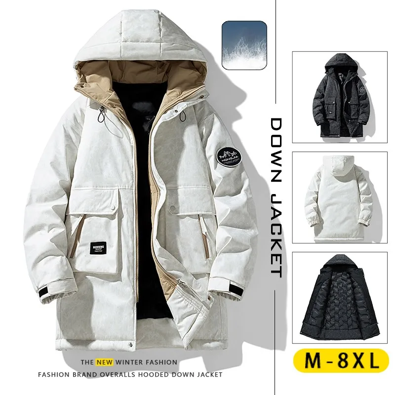 Men Winter Long Jacket 85% White Duck Down Hooded Windbreaker Waterproof 8xl
