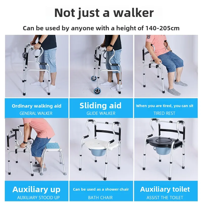 Aluminum Alloy Elderly Shower Chair Commode Chairs, Foldable Walker, Pushcart, Senior Mobility Aid, Rehabilitation Walking Frame
