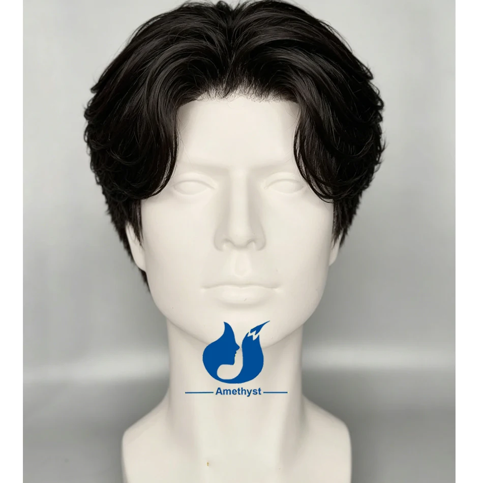 아메시스트 레이어드 컷 남성용 스트레이트 인모 가발 내추럴 블랙 풀 레이스 쉐이브드 사이드버?? 브라질리언 헤어 숏 스타일