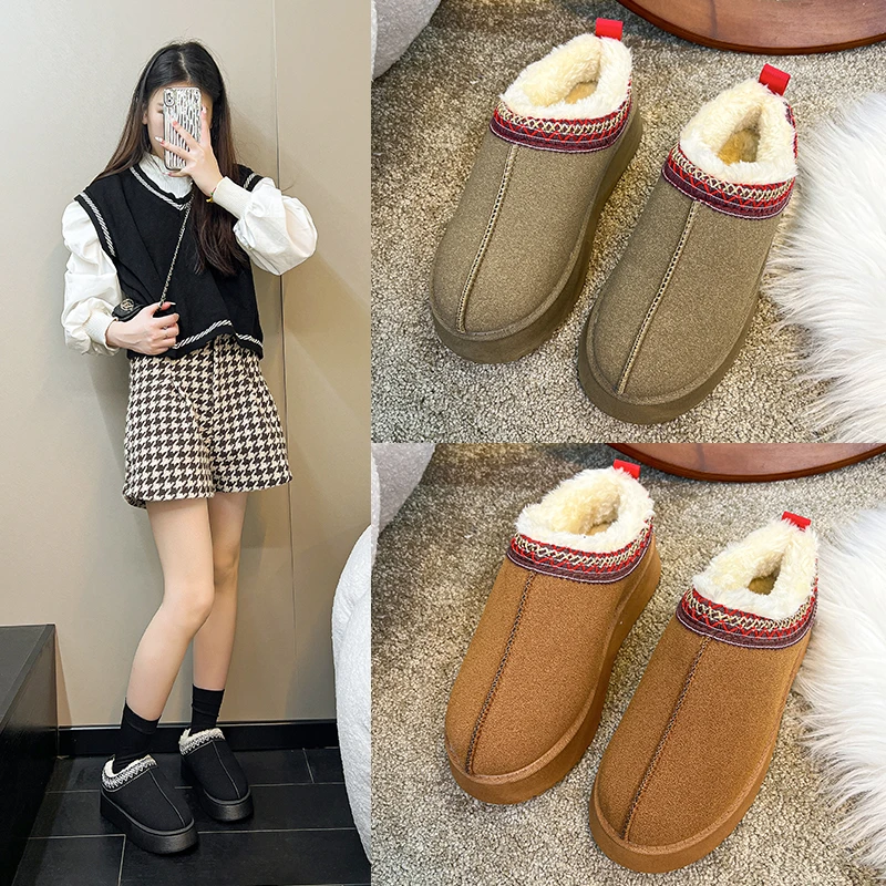 Women Snow Boots Women Shoes Suede Flats Platform Warm Causal Slippers New Autumn Winter Snow Boots Fur Round Toe Slingback Mujer Zapatillas
