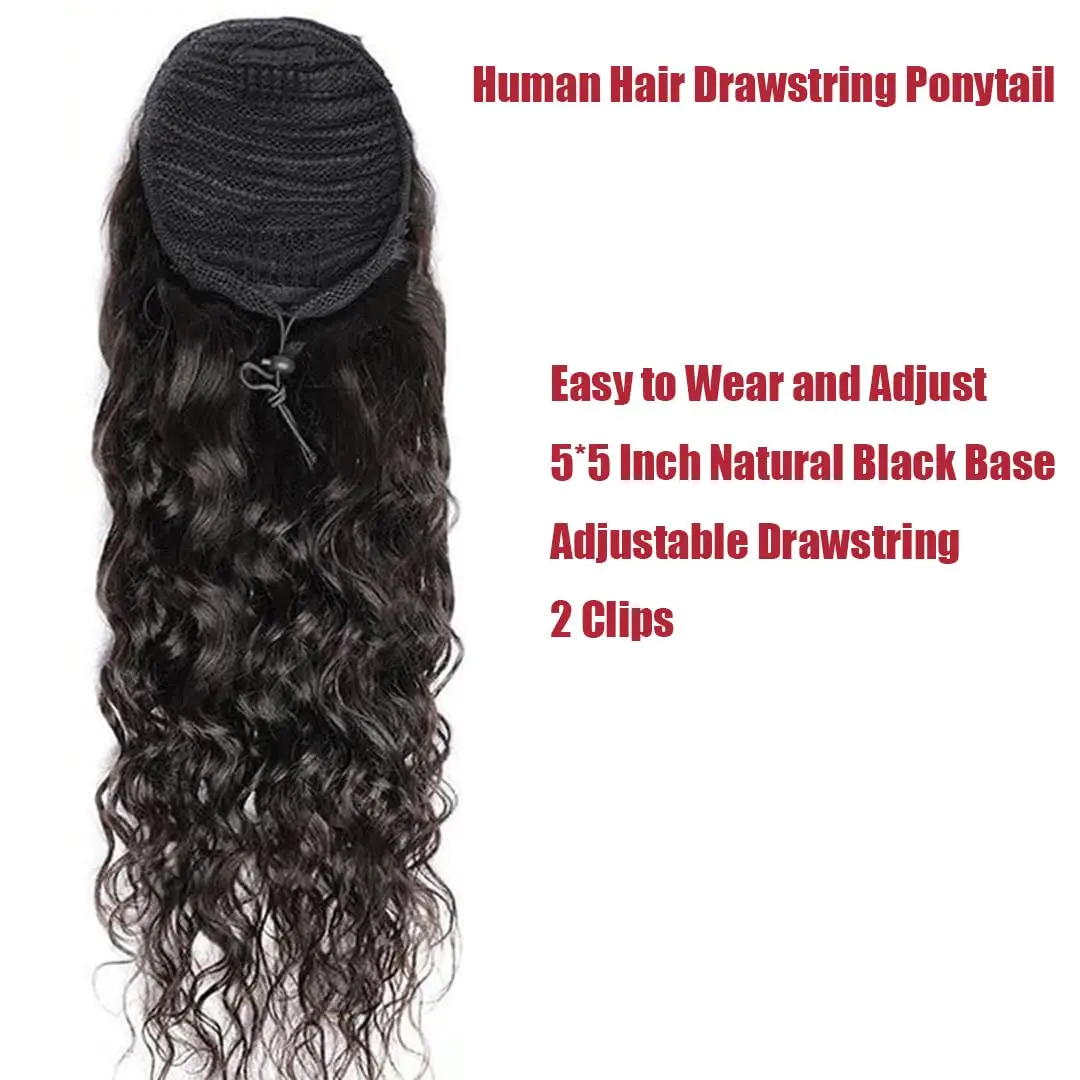 100% 인모 드로스트링 포니테일 연장 워터 웨이브 포니테일 클립형 포니테일 연장