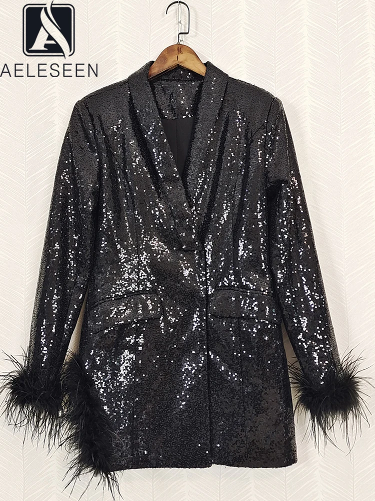 

AELESEEN Runway Fashion Women Blazer Spring Autumn Black Feathers Sequined Notched Glitter Elegant Office High Street Coat