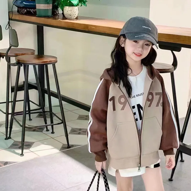 

Autumn and winter children's college style zipper cardigan baseball jacket, mid size girls' trendy style color blocking patchwor