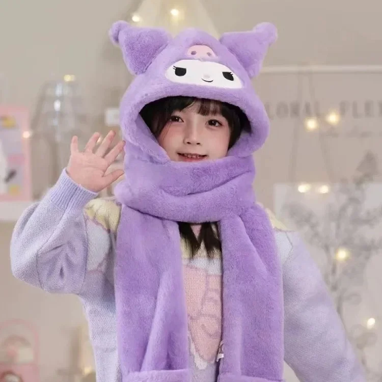 Children's Hat Scarf Integrated Winter Warm Boy and Girl Plush Cartoon Ear Protection Hat Gloves New Model kids hat scarf set