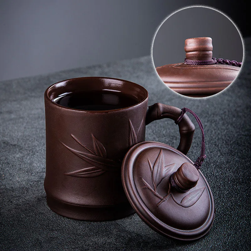 Chinese Yixing Zisha Handcraft Tea Cup Mug Engraved Horse Cup 400cc with Infuser and Saucer 