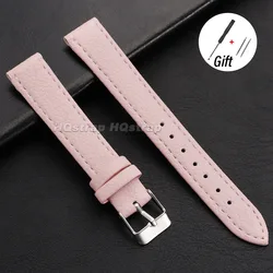 Elegant Lychee Grain Slim Leather Watch Band - Thin Narrow Cowhide Bracelet - 14mm (Pink)