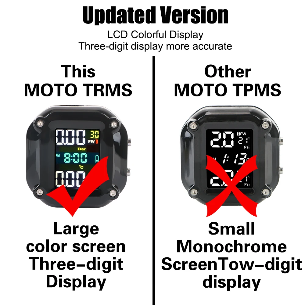 Motocicleta Tire Pressure Monitoring System, moto Acessórios, Precise Display colorido, TPMS, 2 sensores, 0-6.6Bar