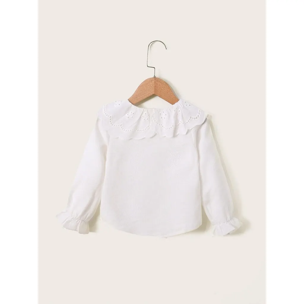 Kids Girl 1-6Y Button T Shirt Hollow Lace Collar White Long Sleeved Lovely Korean Version Top Autumn Toddler Girl Clothes 4