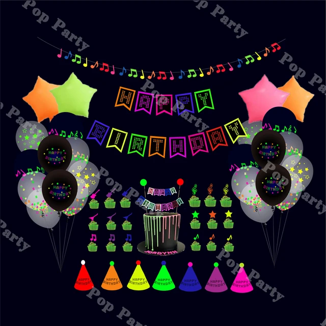 43/54pcs Happy Birthday Banner Fluorescent Party Decor Cupcake Topper  Musical Nota Banner Baby Shower Blacklight Party Supplies - AliExpress