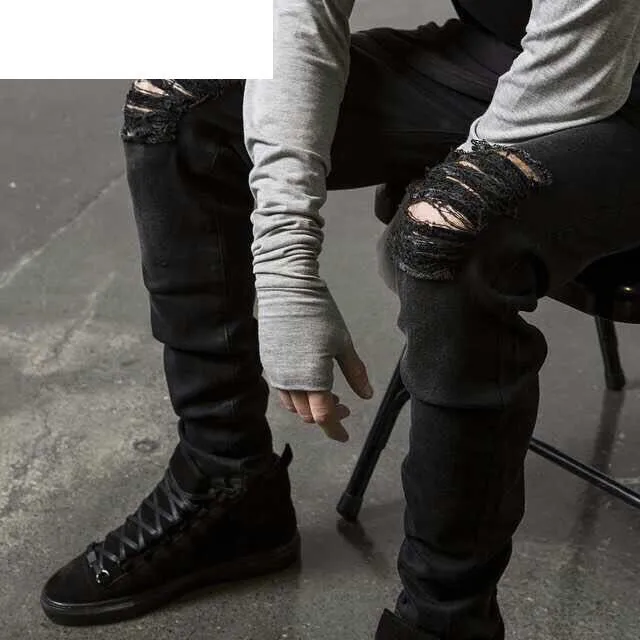 Men jeans size 26-42 stretch ripped fashion classic casual black denim trousers