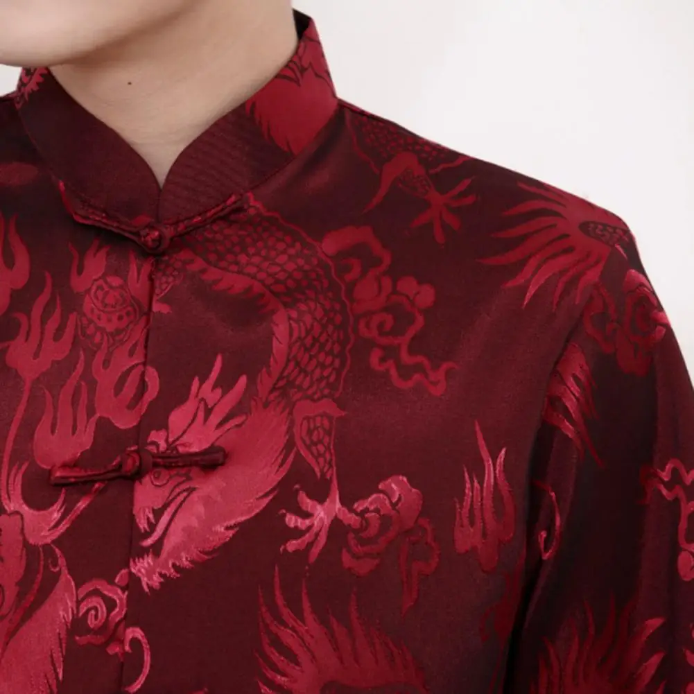 Chinese Style Shirt Men Chinese Style Shirt Traditional Men's with Stand Collar Dragon Pattern Loose Pockets