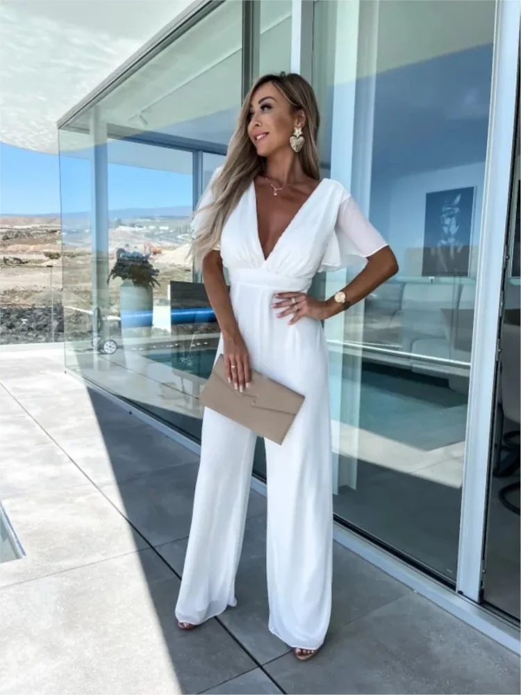 

Jumpsuit Deep V High Waist Wide Leg Trousers Lady Solid Summer Elegant Short Sleeve Pleated Party Bodysuit High Waist Overall