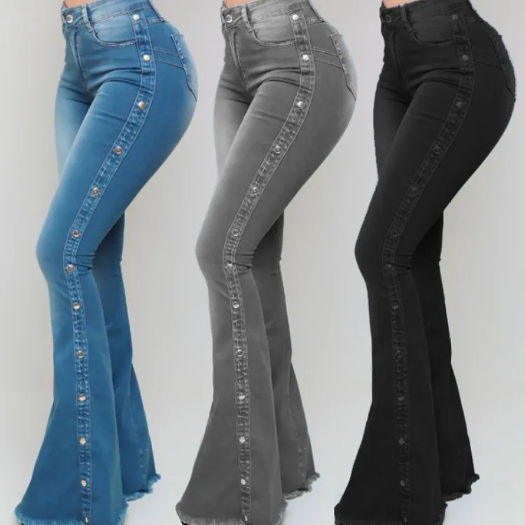 Mid Waisted Stretch Flare Jeans Women Denim Pants Wide Leg Butt-lifted Casual Korean Style Skinny Bell Bottom Pocket Trousers