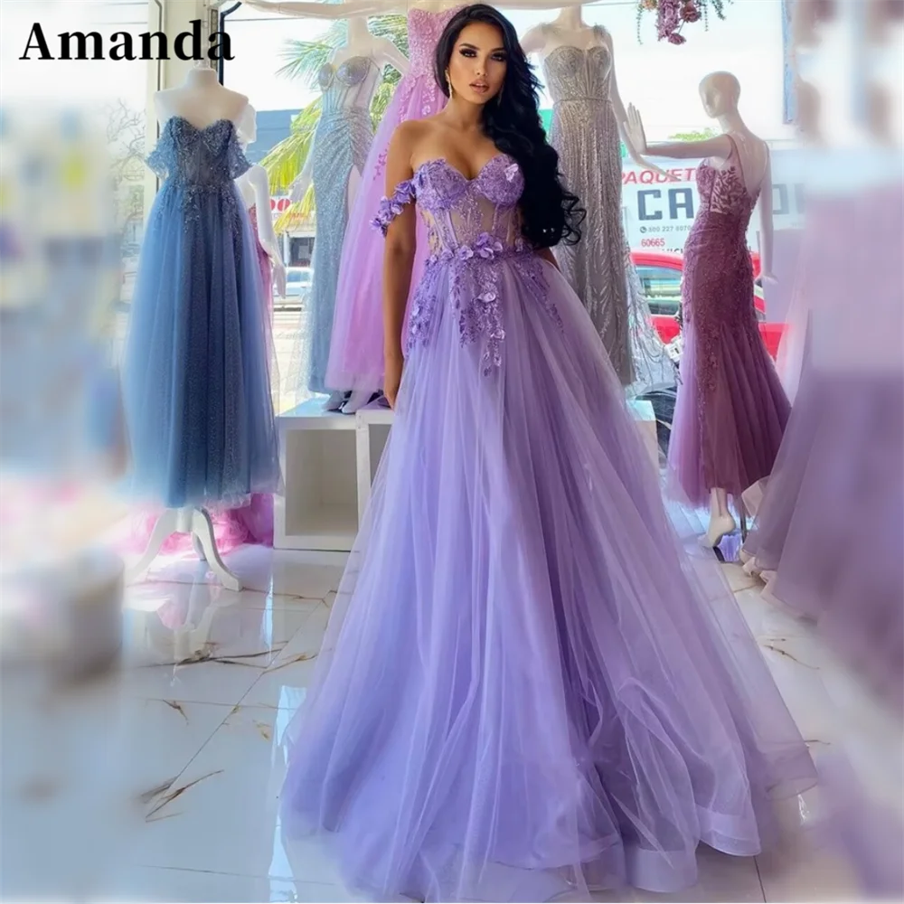 

Amanda Princess Off Shoulder A-line Prom Dress 2023 Sweetheart Tulle Vestidos De Noche Lavender 3D Flower فساتين مناسبة رسمية