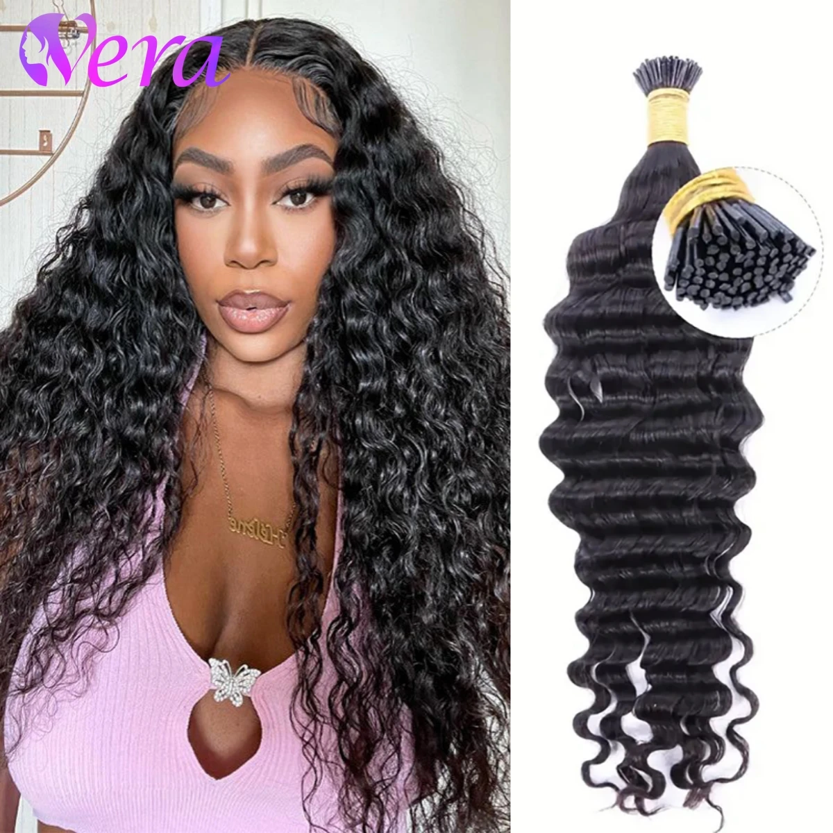 Microlink Deep Wave I Tip Human Hair Extension Pre Bonded Curly Brazilian Remy Hair Micro Stick I Tip Human Natural Black