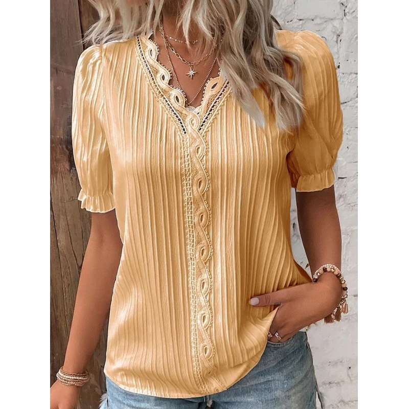 S13f8f59b79e341df8ac5dfb6e1cb5463G Elegant Blouse Solid Shirt Lace Summer Fashion Hollow Short Sleeve Pullover Top Office Lady Shirt S-5XL Mallzona