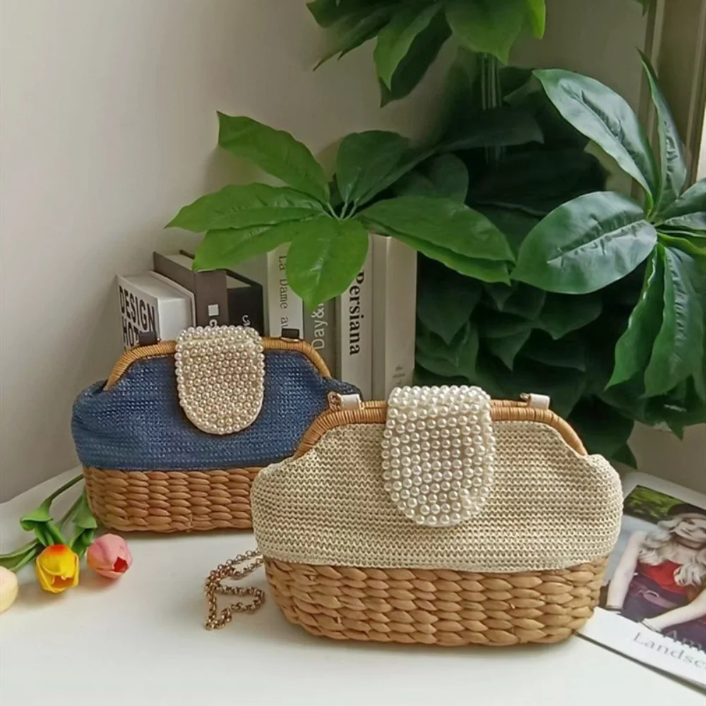

Fashion Pearls Straw Handbag Woven Shell Shoulder Bag Luxury Rattan Beach Bags for Women 2023 Designer Bags Crossbody Bag Clutch