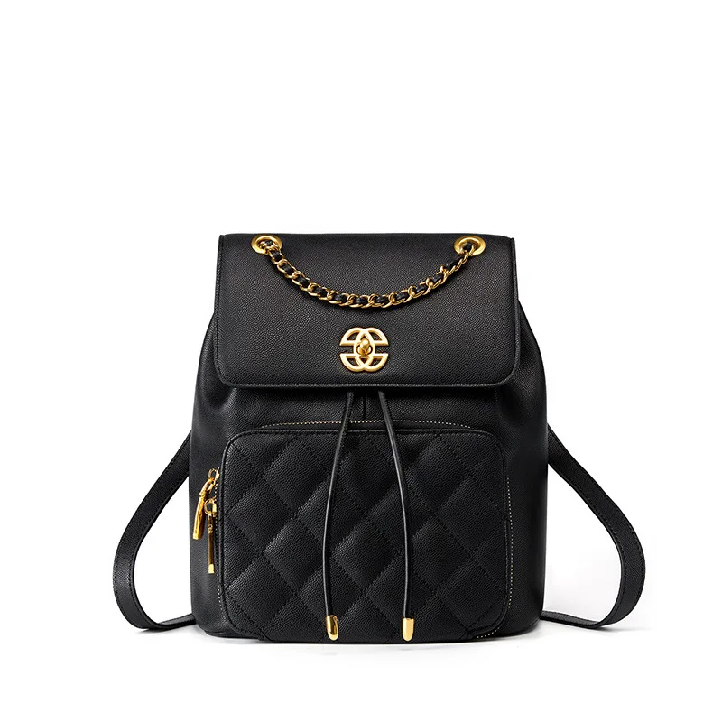 Caviar leather backpack women's diamond grid chain school bag 2023