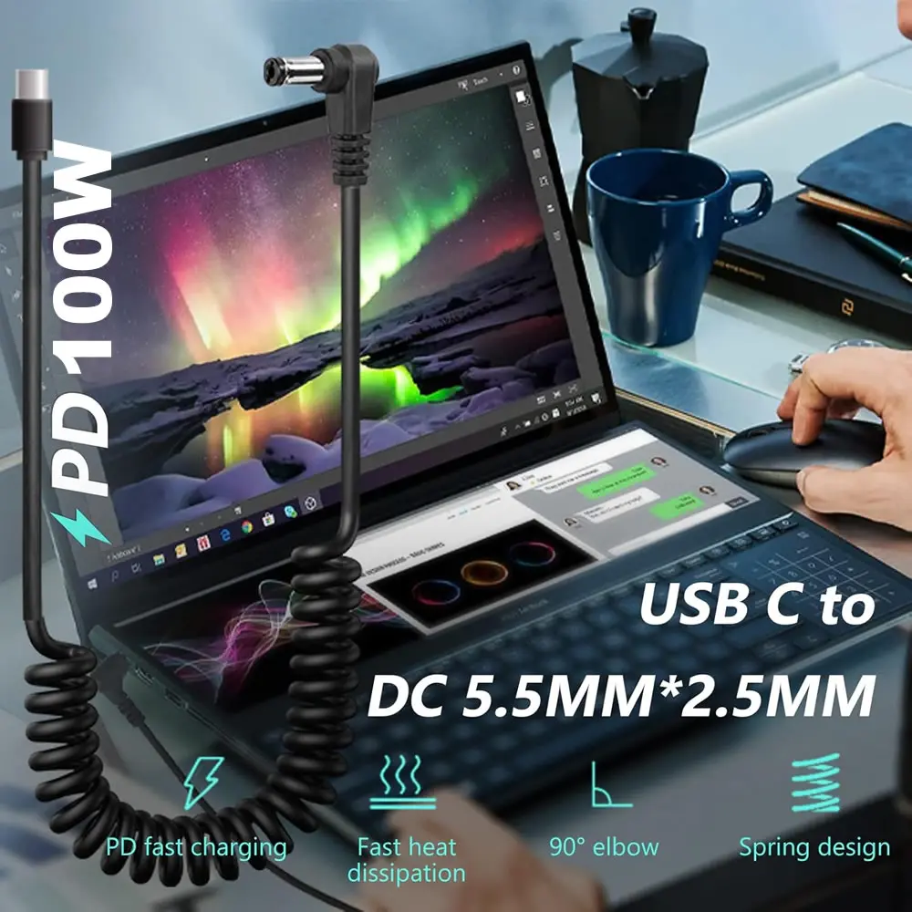 USB C to DC 5.5mm x 2.5mm 전원 코드, USB 타입 C PD 입력 to DC 20V 5A 출력 전원 케이블, 야외, 스튜디오 및 여행 충전용