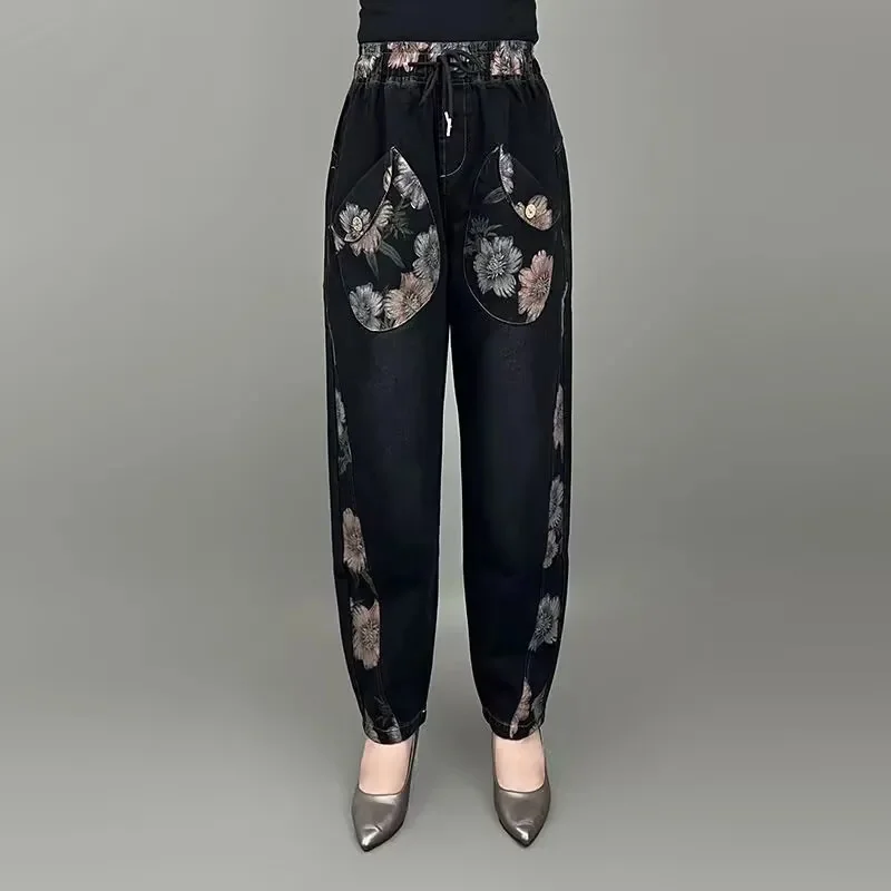 Plus Size 3XL Fat Fleece Jeans For Women Straight Trousers Wide Leg Loose Fit Tight Elastic Waist Slimming For Women Denim Pants