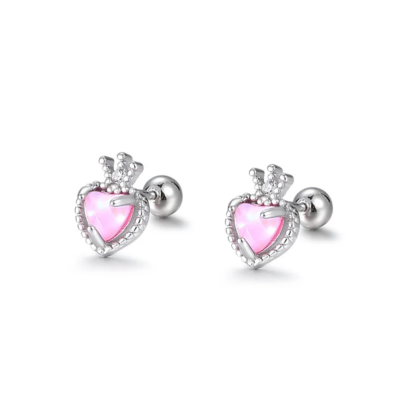

925 Sterling Silver Earring Pink Love Crown Moonstone Turnbuckles Stud Earring For Women Girl Wedding Party Jewelry Gift