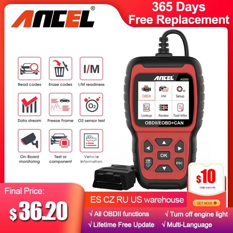 Ancel AS500 OBD2 Scanner Engine Code Reader OBD Auto Diagnose Car Diagnostics Tool Lifetime Free Update OBD2 Automotive Scanner high quality auto inspection equipment