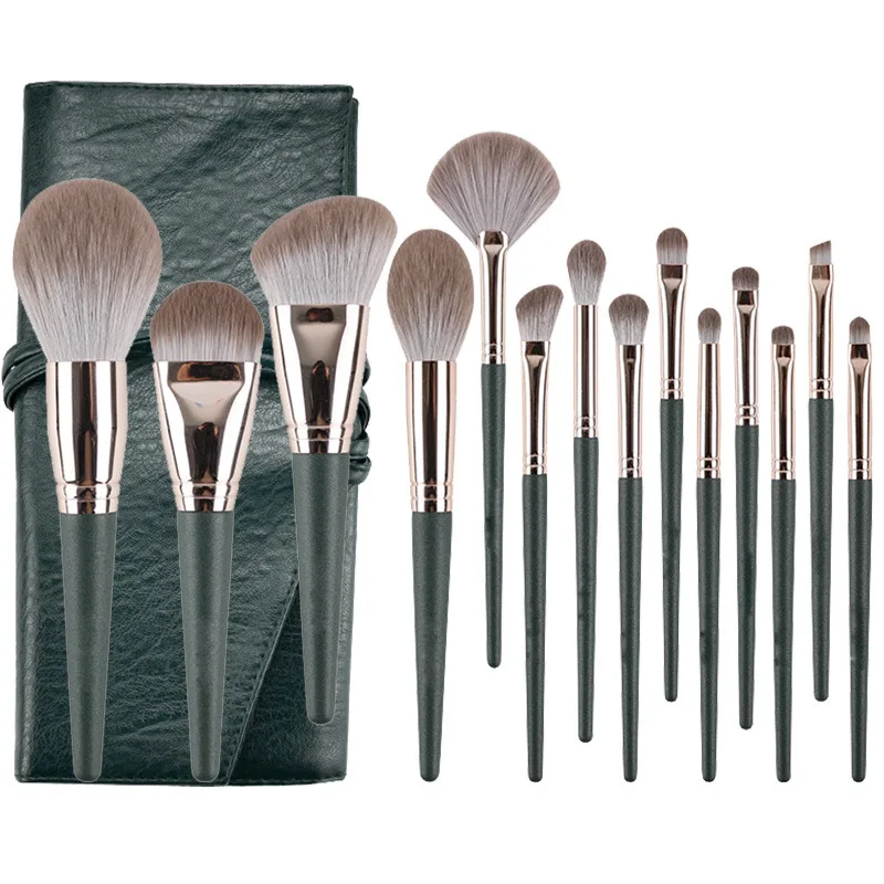 

14 pcs Green Cloud makeup brush set with soft wooden handle beauty tools for beginners complete set of makeup brushes in stock