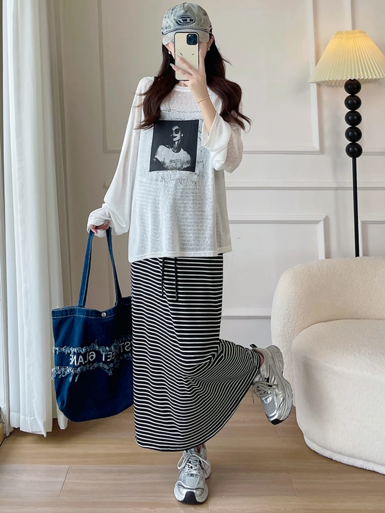 여름 신상 임산부복 루즈핏 긴팔 티셔츠 스트라이프 스커트 투피스 세트 배 가리개 우아한 노화 방지 자외선 차단