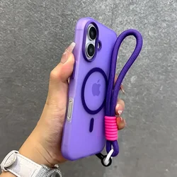 Ultrathin Matte Candy Colored Magnetic Phone Case with Wrist Strap and Magsafe Cover for 14Plus (Purple GS)