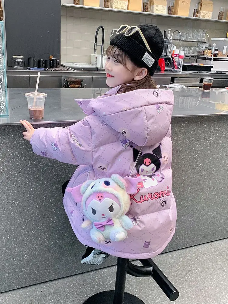 Down Jacket Children Jackets Girls Coat Teen Girls Sanrio Kuromi down Jacket Winter Fashion Children Hooded Velvet Thicken Windbreaker Coat Kids Clothers Outerwear