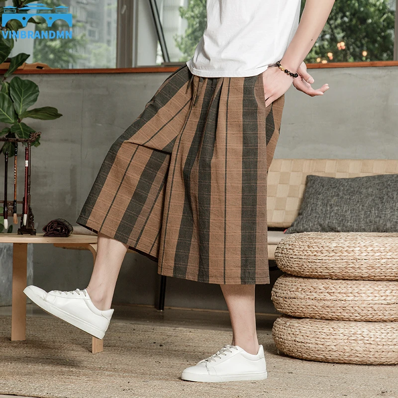 

Vinbrandmn 2022 Summer New Loose Linen Men's Pants Chinese Style Wide Leg Striped Calf Trousers Fashion Plus Size Retro Pants