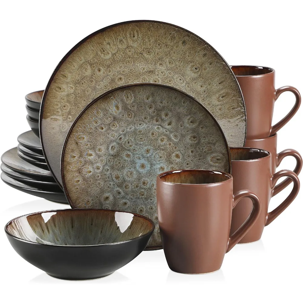 

Bubble Dinnerware Sets 16-Piece Plates and Bowls Set for 4 Dish Service Tableware Set, Microwave and Dishwasher Safe, Brown