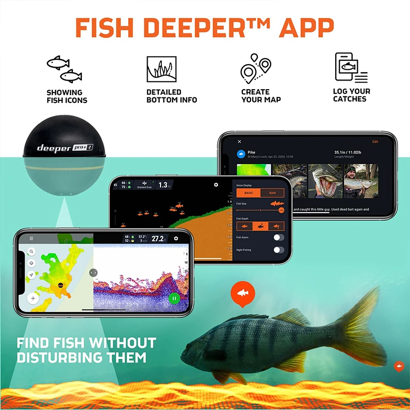 Fish Finder Deeper PRO Plus 2.0 Castable Portable WiFi Kayaks Boats Shore Ice Fishing Smart Sonar