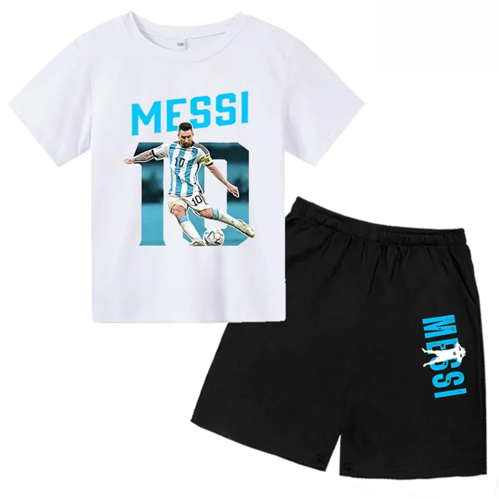 thumbnail image 1 of Camiseta con estampado de Messi de verano para niños y adolescentes, ropa de verano para niños y niñas, camiseta y pantalones cortos, conjunto de 2 piezas, traje deportivo de manga corta, 1 of 5