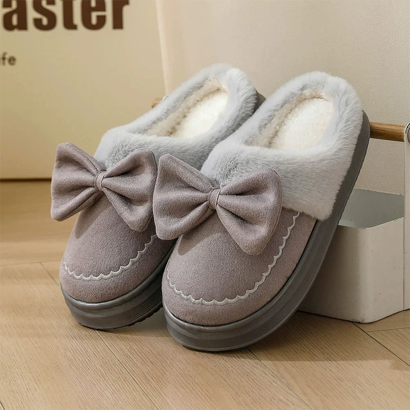 Korean Bow Detor Fluffy Slippers for Women Comfortable Non Slip Soft Sole Cotton Slippers Woman Closed Toe Warm Home Slids Lady