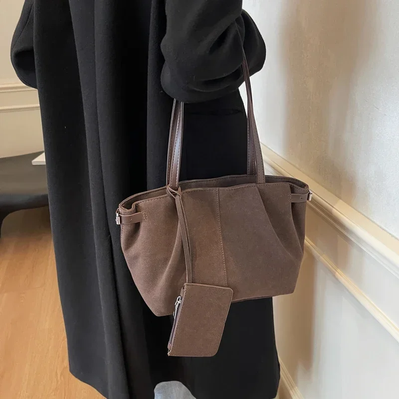 Women Suede Tote Bag with Inner Pocket Underarm Bag with Zipper Solid Color Satchel Bag for Work Travel