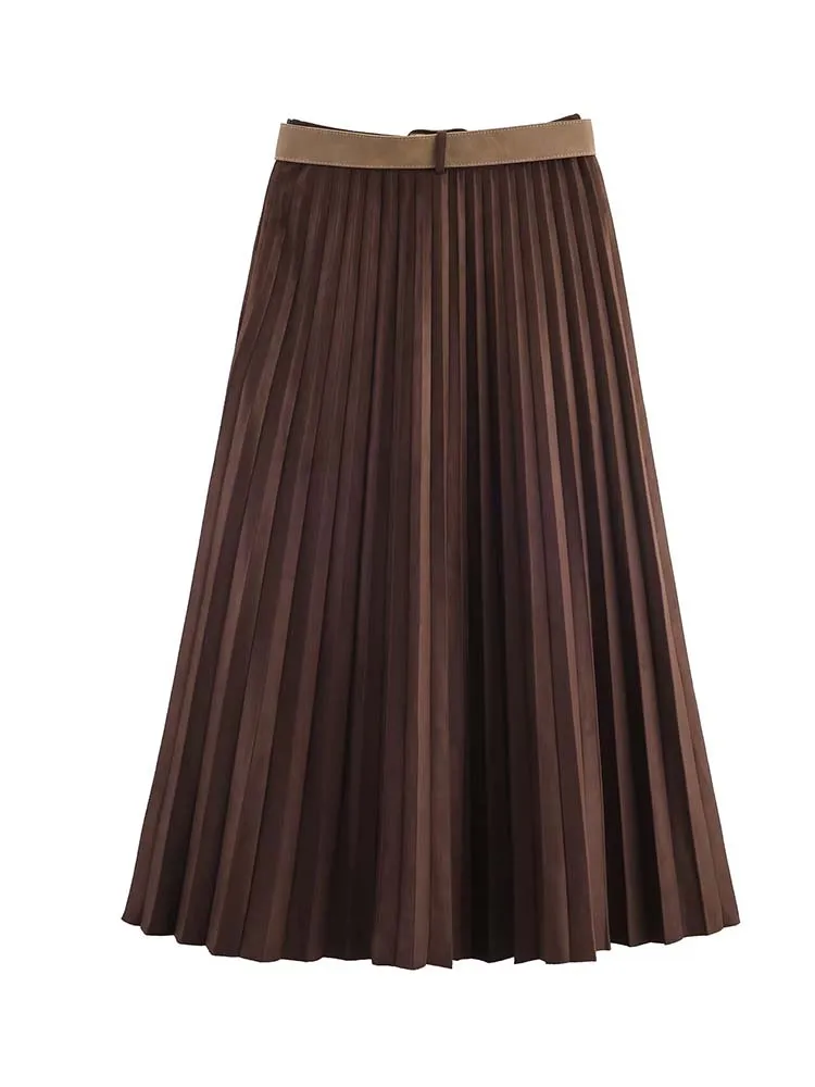 Women Chic Elegant Wrinkle Skirt With Belt Fashion 2025 New Vintage Midi Skirt High Street Casual Holiday Skirts